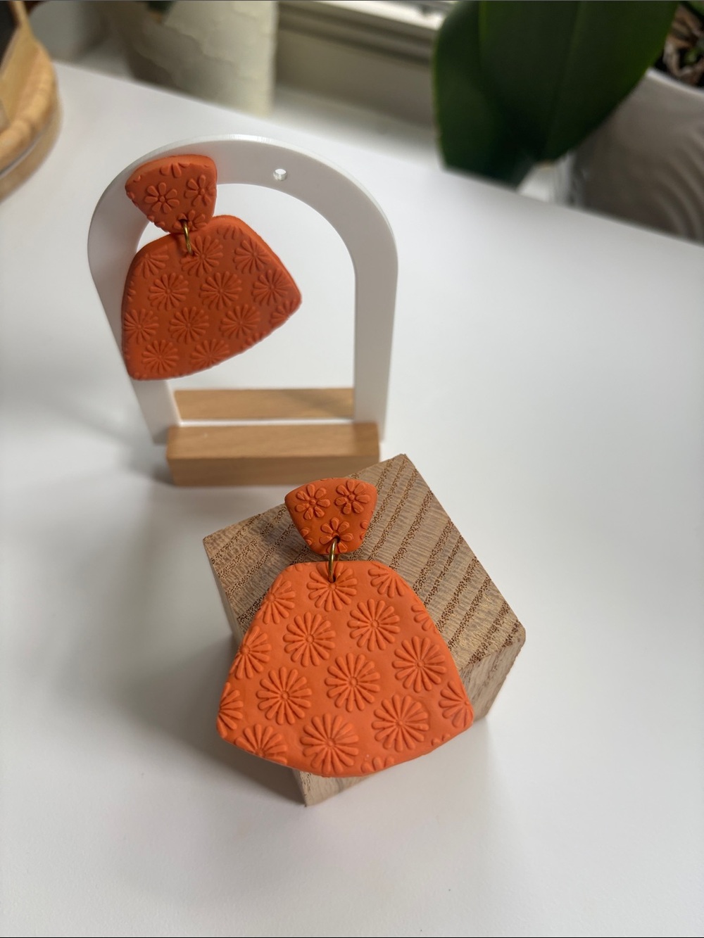 Handcrafted Orange Floral Polymer Clay Drop Earrings